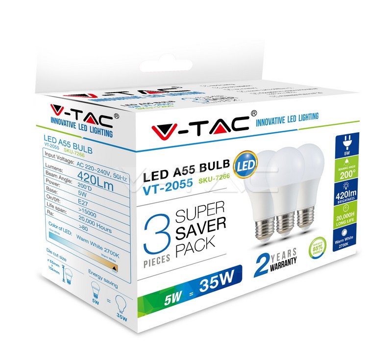 LED Bulb - 5W E27 A55 Thermoplastic 2700K 3PCS/PACK